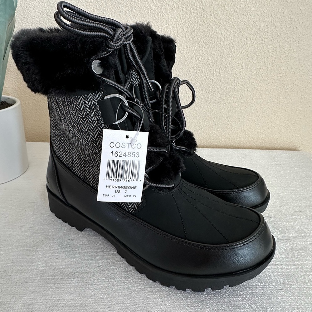 New JBU Southgate Herringbone Black Faux Fur Lace Up Winter Boots Women’s 7